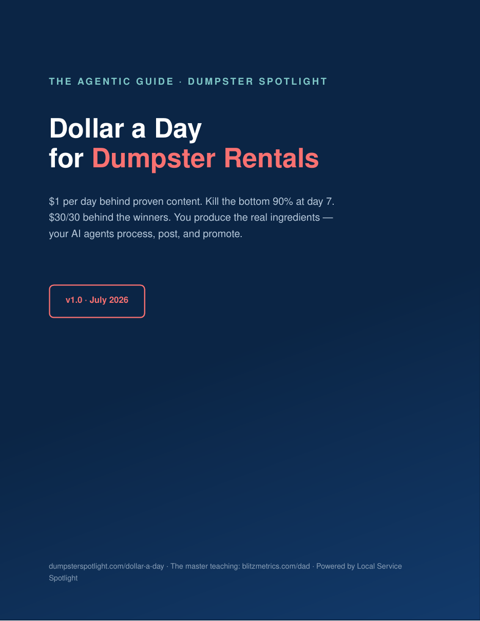 Cover of the Dollar a Day for Dumpster Rentals PDF guide, Dumpster edition, version 1.0 July 2026